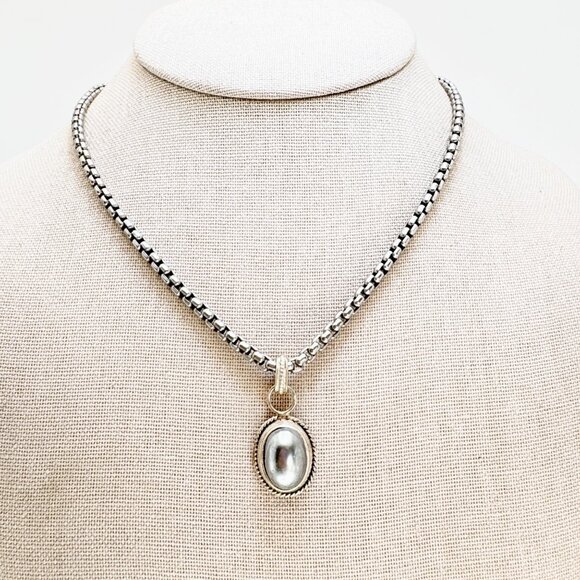 VTG Sterling Silver 925 Gray Pearl Bezel Set Pendant Necklace Size 16" Length - Picture 1 of 11